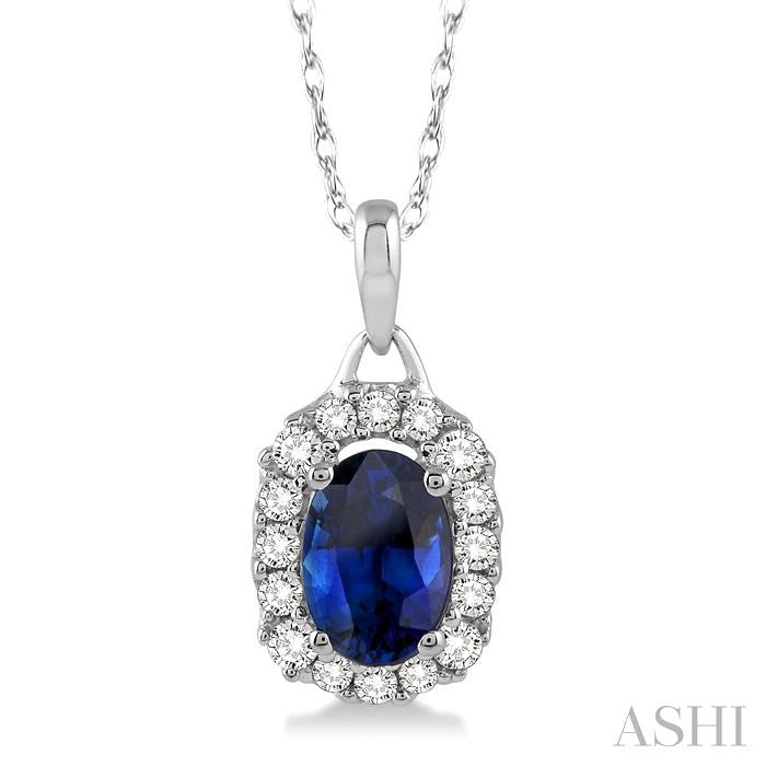 6x4 MM Oval Cut Sapphire and 1/6 ctw Round Cut Diamond Precious Pendant in 14K White Gold with Chain