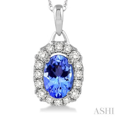 6x4 MM Oval Cut Tanzanite and 1/6 ctw Round Cut Diamond Precious Pendant in 14K White Gold with Chain