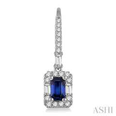 5x3 MM Octagon Cut Sapphire and 1/2 Ctw Round Cut Diamond Precious Earrings in 14K White Gold