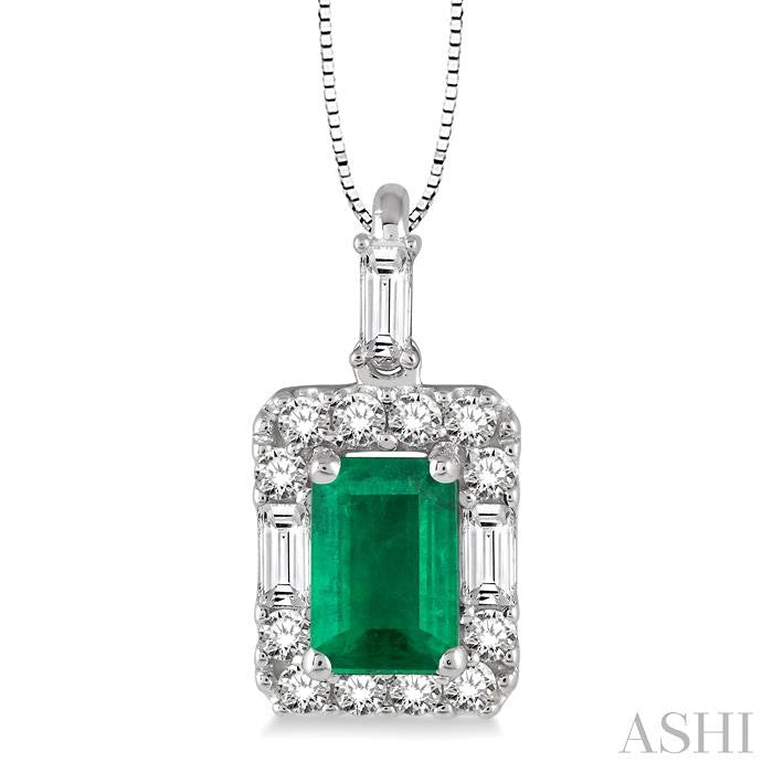 6x4 MM Octagon Cut Emerald and 1/3 ctw Round Cut Diamond Precious Pendant in 14K White Gold with Chain