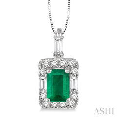 6x4 MM Octagon Cut Emerald and 1/3 ctw Round Cut Diamond Precious Pendant in 14K White Gold with Chain