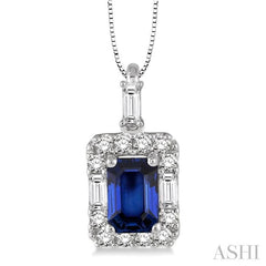 6x4 MM Octagon Cut Sapphire and 1/3 ctw Round Cut Diamond Precious Pendant in 14K White Gold with Chain