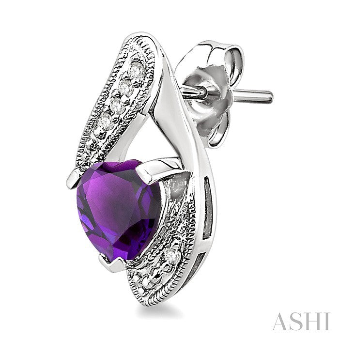 6 MM Heart Shape Amethyst and 1/20 Ctw Round Cut Diamond Semi-Precious Earrings in 14K White Gold