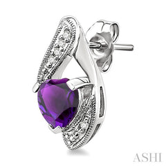 6 MM Heart Shape Amethyst and 1/20 Ctw Round Cut Diamond Semi-Precious Earrings in 14K White Gold