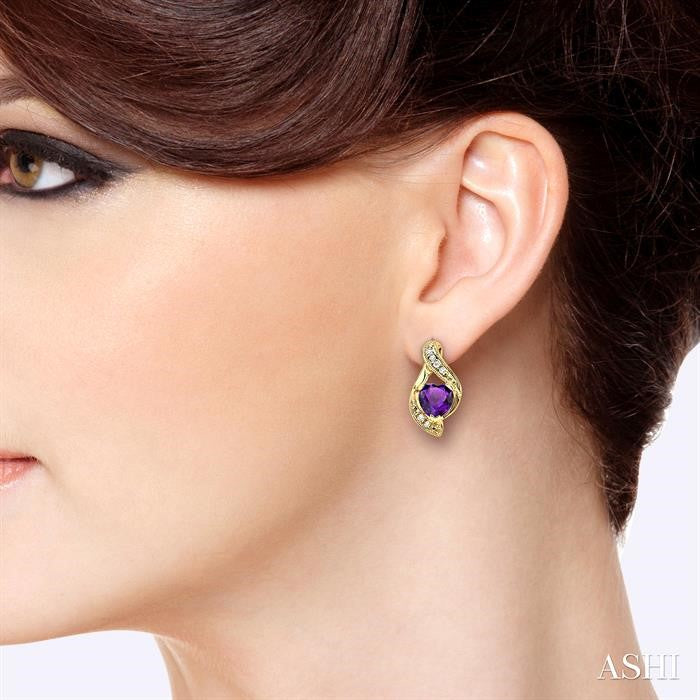 6x6 MM Heart Shape Amethyst and 1/20 Ctw Round Cut Diamond Semi-Precious Earrings in 14K Yellow Gold