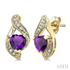 6x6 MM Heart Shape Amethyst and 1/20 Ctw Round Cut Diamond Semi-Precious Earrings in 14K Yellow Gold