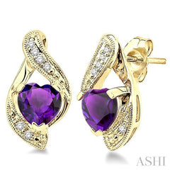 6x6 MM Heart Shape Amethyst and 1/20 Ctw Single Cut Diamond Semi-Precious Earrings in 14K Yellow Gold