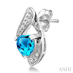 6x6 MM Heart Shape Blue Topaz and 1/20 Ctw Single Cut Diamond Semi-Precious Earrings in 14K White Gold