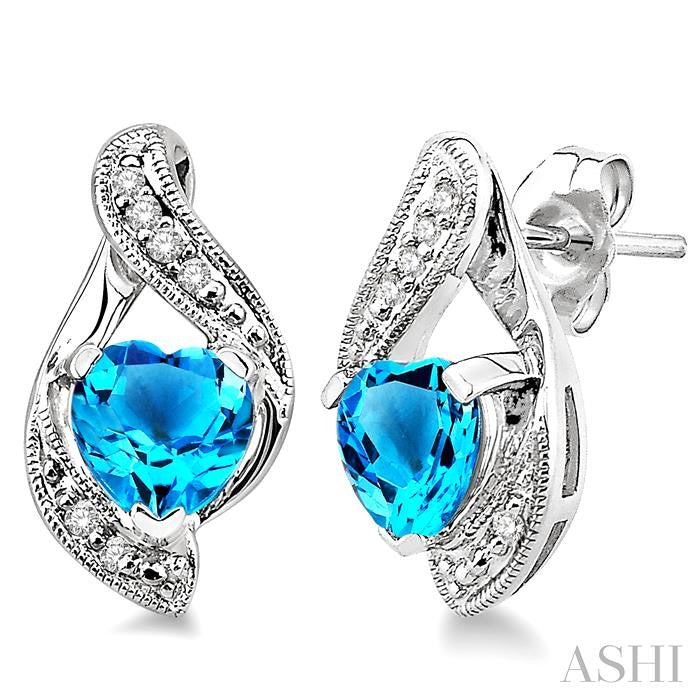 6x6 MM Heart Shape Blue Topaz and 1/20 Ctw Single Cut Diamond Semi-Precious Earrings in 14K White Gold