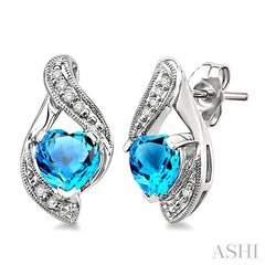 6x6 MM Heart Shape Blue Topaz and 1/20 Ctw Round Cut Diamond Semi-Precious Earrings in 14K White Gold