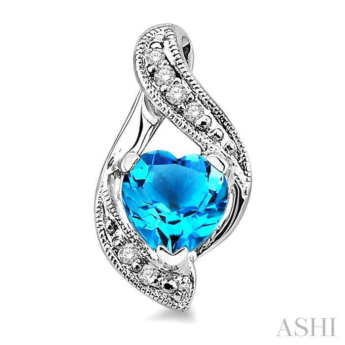 6x6 MM Heart Shape Blue Topaz and 1/20 Ctw Single Cut Diamond Semi-Precious Earrings in 14K White Gold