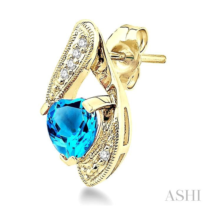 6x6 MM Heart Shape Blue Topaz and 1/20 Ctw Single Cut Diamond Semi-Precious Earrings in 14K Yellow Gold