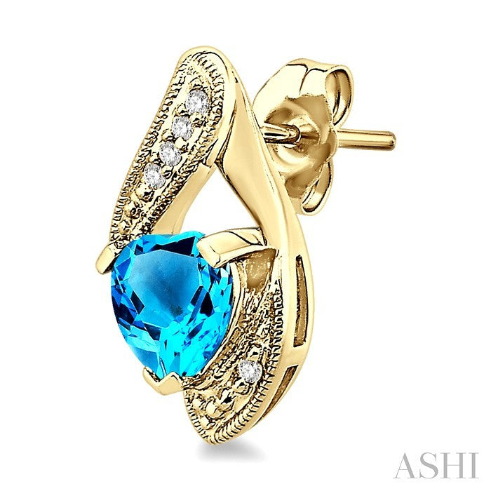 6x6 MM Heart Shape Blue Topaz and 1/20 Ctw Round Cut Diamond Semi-Precious Earrings in 14K Yellow Gold