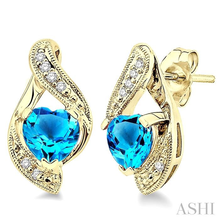 6x6 MM Heart Shape Blue Topaz and 1/20 Ctw Single Cut Diamond Semi-Precious Earrings in 14K Yellow Gold