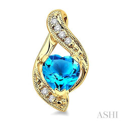 6x6 MM Heart Shape Blue Topaz and 1/20 Ctw Single Cut Diamond Semi-Precious Earrings in 14K Yellow Gold