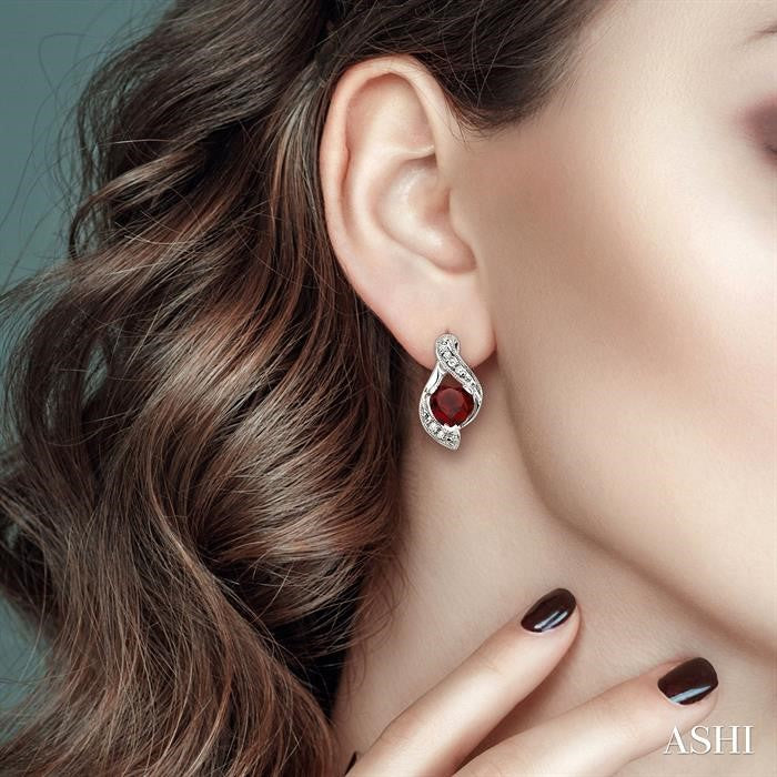 6x6 MM Heart Shape Garnet and 1/20 Ctw Round Cut Diamond Semi-Precious Earrings in 14K White Gold