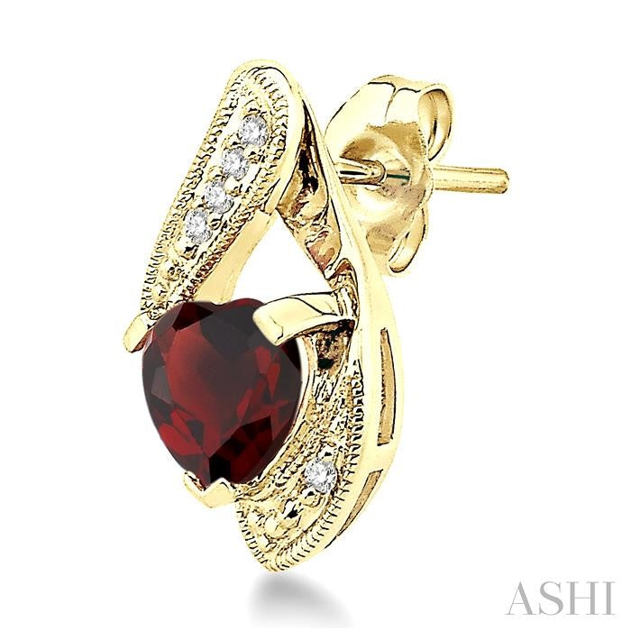 6x6 MM Heart Shape Garnet and 1/20 Ctw Single Cut Diamond Semi-Precious Earrings in 14K Yellow Gold