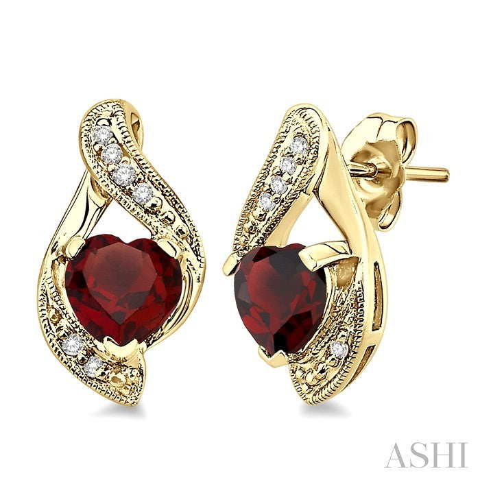6x6 MM Heart Shape Garnet and 1/20 Ctw Round Cut Diamond Semi-Precious Earrings in 14K Yellow Gold