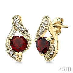 6x6 MM Heart Shape Garnet and 1/20 Ctw Round Cut Diamond Semi-Precious Earrings in 14K Yellow Gold