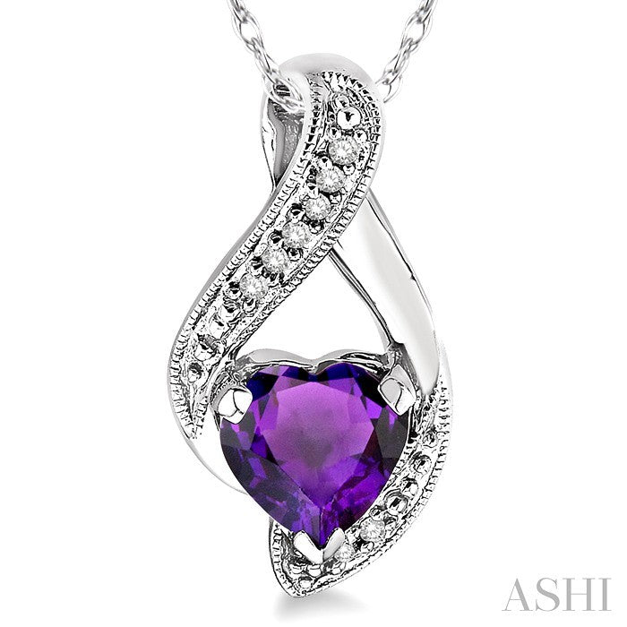7 MM Heart Shape Amethyst and 1/20 Ctw Round Cut Diamond Semi-Precious Pendant in 14K White Gold with Chain
