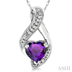7 MM Heart Shape Amethyst and 1/20 Ctw Round Cut Diamond Semi-Precious Pendant in 14K White Gold with Chain