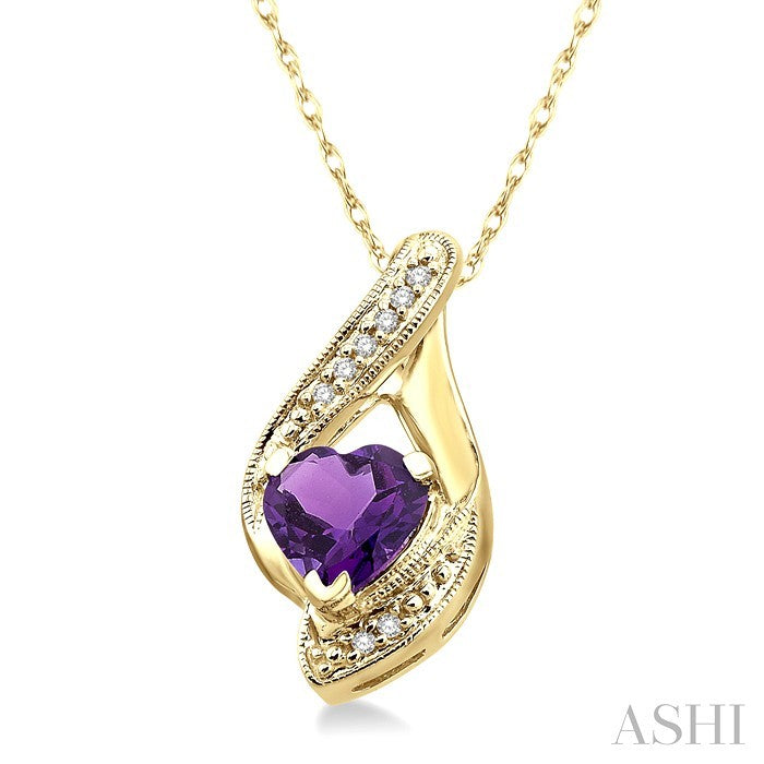 7 MM Heart Shape Amethyst and 1/20 Ctw Round Cut Diamond Semi-Precious Pendant in 14K Yellow Gold with Chain