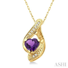 7 MM Heart Shape Amethyst and 1/20 ctw Single Cut Diamond Semi Precious Pendant in 14K Yellow Gold with Chain
