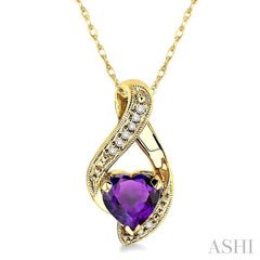 7 MM Heart Shape Amethyst and 1/20 ctw Single Cut Diamond Semi Precious Pendant in 14K Yellow Gold with Chain