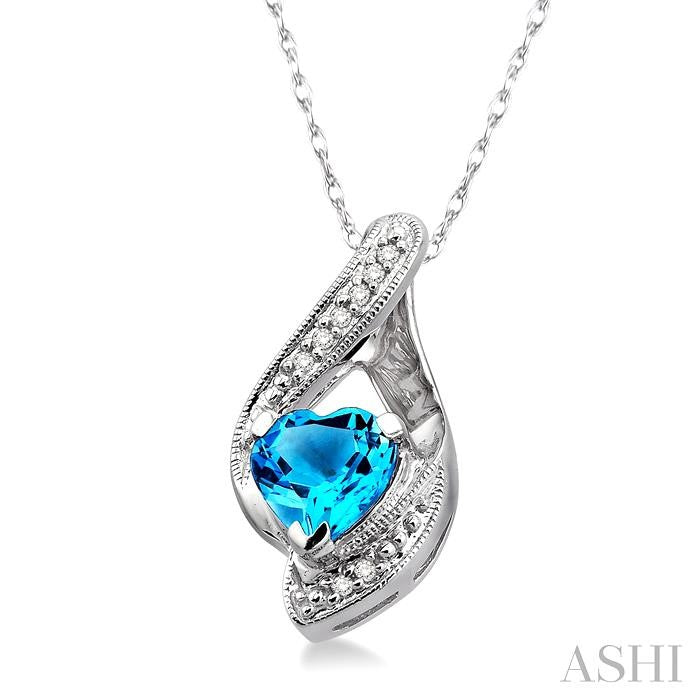 7 MM Heart Shape Blue Topaz and 1/20 ctw Single Cut Diamond Semi Precious Pendant in 14K White Gold with Chain