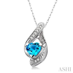 7 MM Heart Shape Blue Topaz and 1/20 ctw Single Cut Diamond Semi Precious Pendant in 14K White Gold with Chain