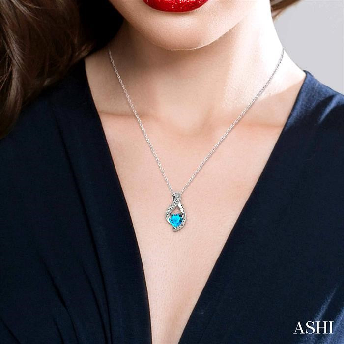 7 MM Heart Shape Blue Topaz and 1/20 Ctw Round Cut Diamond Semi-Precious Pendant in 14K White Gold with Chain