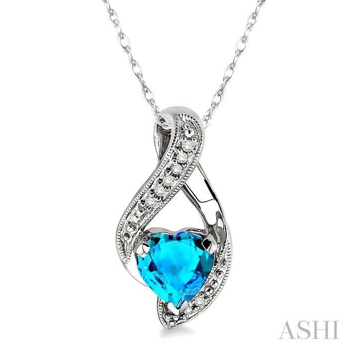 7 MM Heart Shape Blue Topaz and 1/20 ctw Single Cut Diamond Semi Precious Pendant in 14K White Gold with Chain