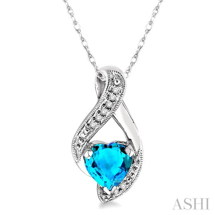 7 MM Heart Shape Blue Topaz and 1/20 Ctw Round Cut Diamond Semi-Precious Pendant in 14K White Gold with Chain