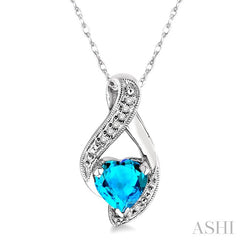 7 MM Heart Shape Blue Topaz and 1/20 Ctw Round Cut Diamond Semi-Precious Pendant in 14K White Gold with Chain