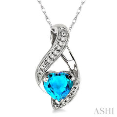7 MM Heart Shape Blue Topaz and 1/20 ctw Single Cut Diamond Semi Precious Pendant in 14K White Gold with Chain