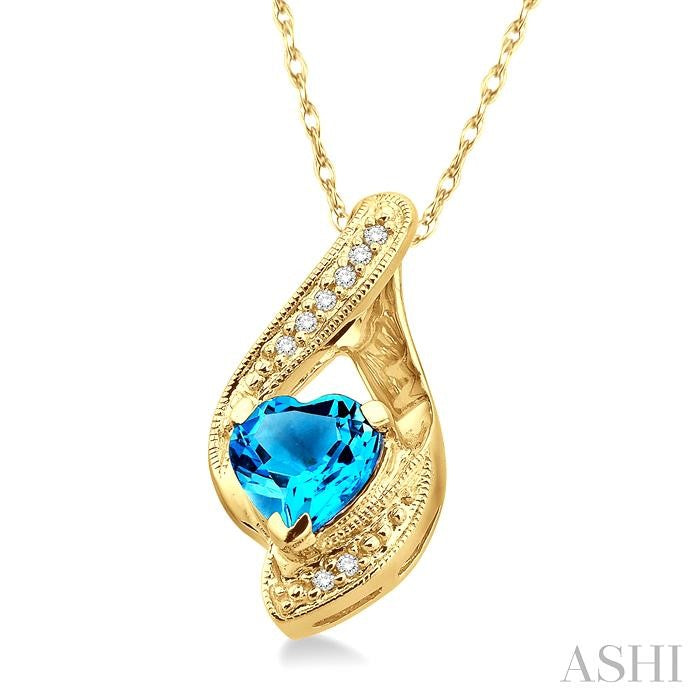 7 MM Heart Shape Blue Topaz and 1/20 ctw Single Cut Diamond Semi Precious Pendant in 14K Yellow Gold with Chain