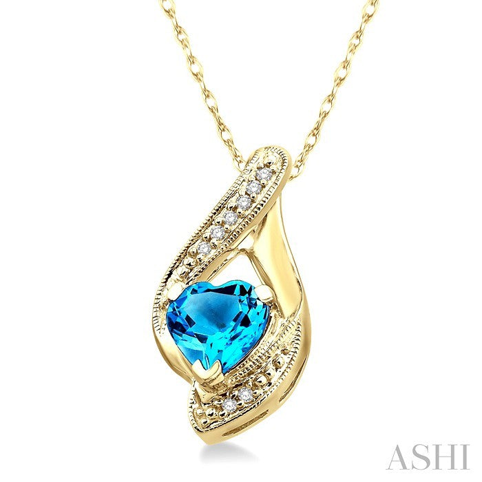 7 MM Heart Shape Blue Topaz and 1/20 Ctw Round Cut Diamond Semi-Precious Pendant in 14K Yellow Gold with Chain