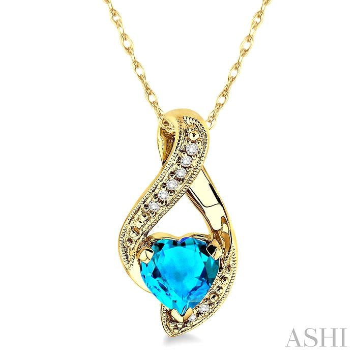 7 MM Heart Shape Blue Topaz and 1/20 ctw Single Cut Diamond Semi Precious Pendant in 14K Yellow Gold with Chain