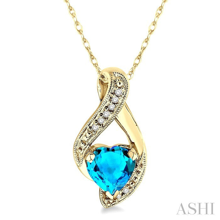 7 MM Heart Shape Blue Topaz and 1/20 Ctw Round Cut Diamond Semi-Precious Pendant in 14K Yellow Gold with Chain