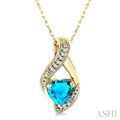 7 MM Heart Shape Blue Topaz and 1/20 Ctw Round Cut Diamond Semi-Precious Pendant in 14K Yellow Gold with Chain