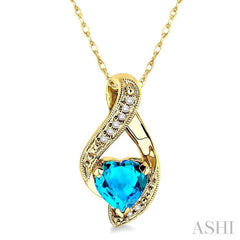 7 MM Heart Shape Blue Topaz and 1/20 ctw Single Cut Diamond Semi Precious Pendant in 14K Yellow Gold with Chain