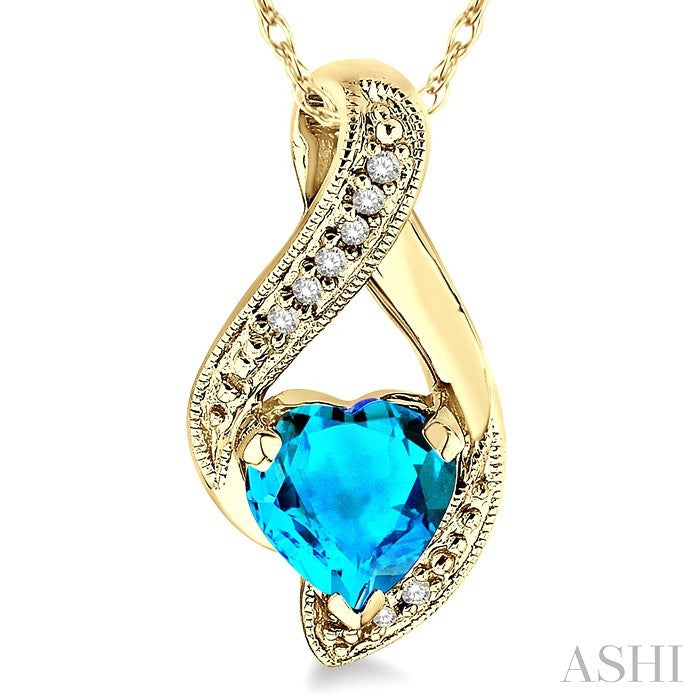 7 MM Heart Shape Blue Topaz and 1/20 Ctw Round Cut Diamond Semi-Precious Pendant in 14K Yellow Gold with Chain