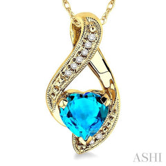 7 MM Heart Shape Blue Topaz and 1/20 ctw Single Cut Diamond Semi Precious Pendant in 14K Yellow Gold with Chain