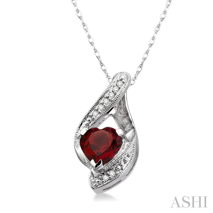7 MM Heart Shape Garnet and 1/20 ctw Single Cut Diamond Semi Precious Pendant in 14K White Gold with Chain