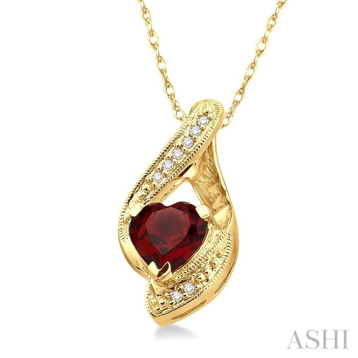 7 MM Heart Shape Garnet and 1/20 ctw Single Cut Diamond Semi Precious Pendant in 14K Yellow Gold with Chain