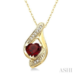 7 MM Heart Shape Garnet and 1/20 Ctw Round Cut Diamond Semi-Precious Pendant in 14K Yellow Gold with Chain
