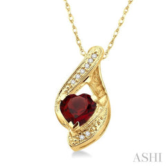 7 MM Heart Shape Garnet and 1/20 ctw Single Cut Diamond Semi Precious Pendant in 14K Yellow Gold with Chain