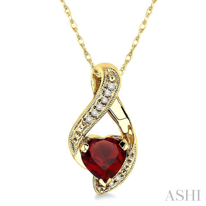 7 MM Heart Shape Garnet and 1/20 ctw Single Cut Diamond Semi Precious Pendant in 14K Yellow Gold with Chain