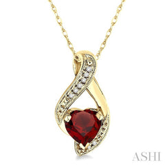 7 MM Heart Shape Garnet and 1/20 Ctw Round Cut Diamond Semi-Precious Pendant in 14K Yellow Gold with Chain
