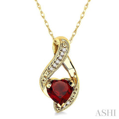 7 MM Heart Shape Garnet and 1/20 ctw Single Cut Diamond Semi Precious Pendant in 14K Yellow Gold with Chain